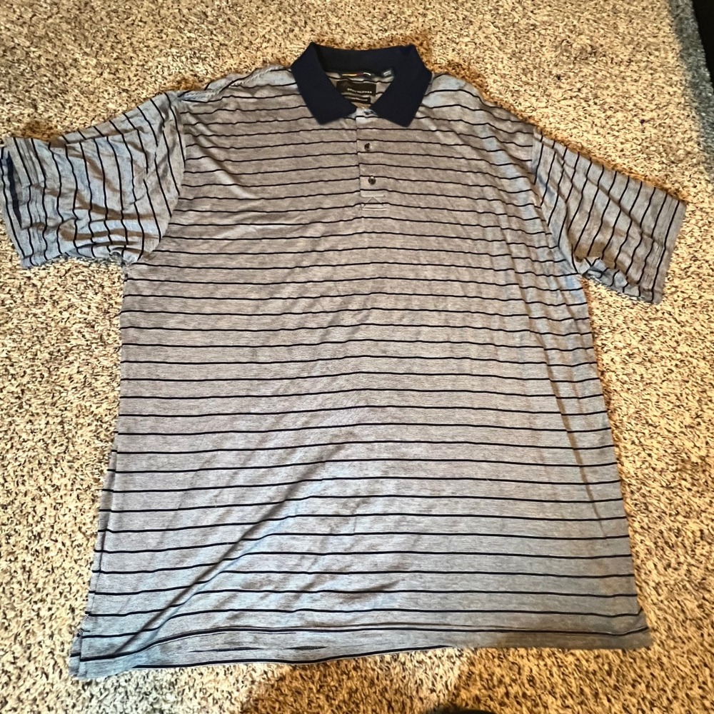 Greg Norman Mens XXL Grey Navy Blue Striped 60/2 Double Mercerized Polo Shirt